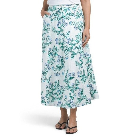 Elie Tahari womens Long Linen Midi Maxi Swing Skirt sz 10 White Blue Floral $295 - Picture 1 of 7